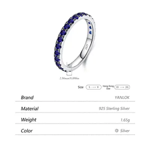 French vintage S925 sterling silver ring with blue zircons, width 2.5mm and weight 1.65g