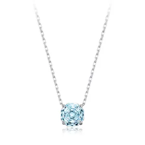 925 Sterling Silver Octagon Light Blue Rhinestone Pendant Necklace For Women Elegant Clavicle Chain Jewelry Gift Item