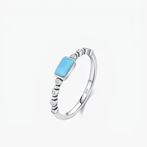 S925 Sterling Silver Rectangular Simulated Turquoise Ring For Women Minimalist Stackable Zirconia Geometric Finger Ring Jewelry