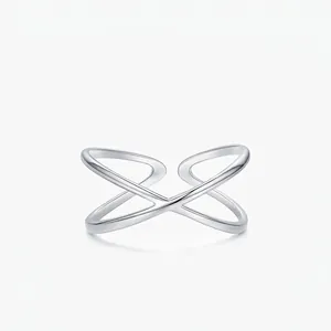 925 Sterling Silver Geometric Cross Adjustable Open Ring For Women Minimalist Polished X Shape Double Line Fashion Jewelry Finger Ring