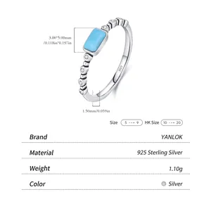 Elegant S925 sterling silver ring with a rectangular turquoise stone and diamond accents