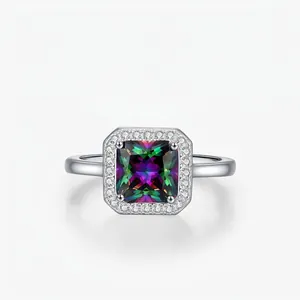 925 Sterling Silver Square Rainbow Stone Ring For Women Elegant Halo Rhinestone Light Luxury Fashion Jewelry Finger Ring