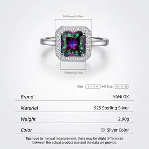 Elegant S925 silver ring featuring a 7mm square colorful gem with detailed measurements