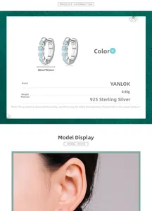 Macro view showing dimensions and model display of turquoise S925 silver hoop earrings
