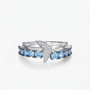 925 Sterling Silver Mermaid Tail Ring For Women Blue Rhinestone Wave Design Contrast Color Finger Ring Fine Jewelry Gift