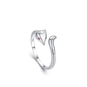 925 Sterling Silver Cute Fox Open Ring For Women Red Zirconia Eyes Adjustable Animal Design Minimalist Fashion Jewelry Finger Ring