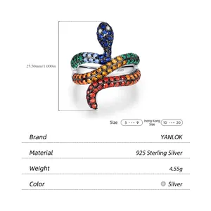 S925 sterling silver snake ring with rainbow gemstone pave and gradient color stones