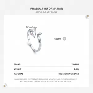 Adjustable S925 sterling silver fox open ring with pink gemstone eyes and engraved tail