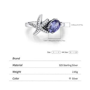 S925 sterling silver starfish ring with oval purple tanzanite gemstone and pavé diamonds