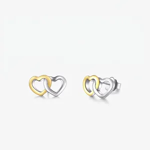 S925 Sterling Silver Interlocking Heart Stud Earrings Gold Silver Bicolor 18K Gold Plated Sweet Romantic Jewelry For Women
