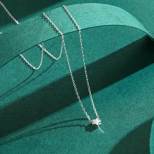 Minimalist 925 sterling silver star pendant necklace on textured green background