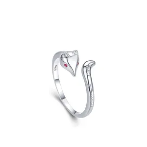 Elegant S925 sterling silver fox open ring with red gemstone eyes and polished finish