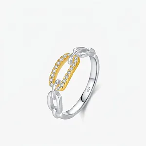 Bague à Maillons en Argent Sterling 925 de Luxe pour Femmes Plaqué Or Bicolore Zirconia Incrusté Bague de Mode Cadeau
