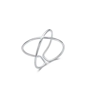 Minimalist S925 sterling silver open ring with stylish geometric cross line design