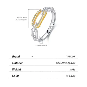 Bague chaîne en argent 925 bicolore or et argent avec zircons étincelants pour femmes