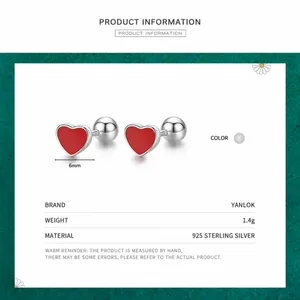 925 sterling silver heart studs with red enamel and screw back ball design for women