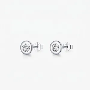 Minimalist 925 Sterling Silver Round Bezel Zirconia Stud Earrings For Women Dainty Geometric Inlaid Jewelry Accessories