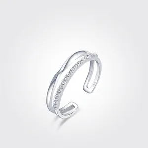 S925 Sterling Silver Double Layer Open Ring For Women Minimalist Inlaid Zirconia Adjustable Finger Ring Fashion Jewelry Gift