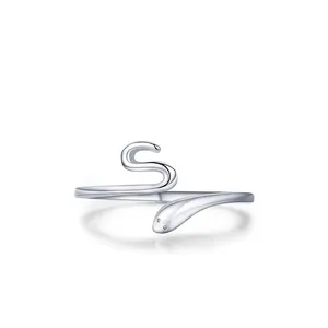 Minimalist S925 sterling silver snake-shaped open ring with sparkling cubic zirconia eyes