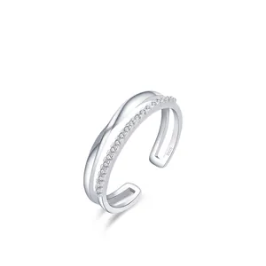 Double layered S925 sterling silver open ring featuring white cubic zirconia inlay