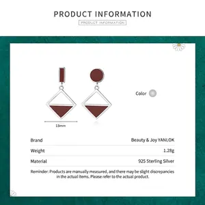 Asymmetric S925 sterling silver geometric drop earrings with red brown enamel finish