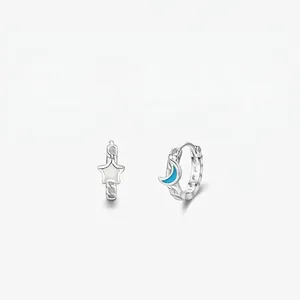 925 Sterling Silver Asymmetric Star And Moon Huggie Earrings For Women Dainty Enamel Drip Glue Chain Texture Jewelry Gift