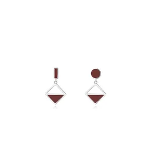 Asymmetric s925 silver earrings with geometric diamond pendants and dark red enamel details