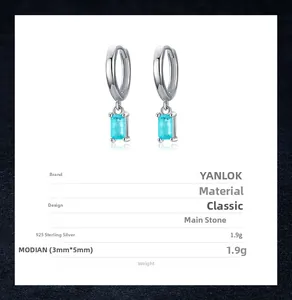 Detailed specs of S925 silver earrings featuring a 3x5mm rectangular blue gemstone charm