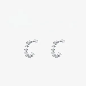 925 Sterling Silver C-Shaped Zirconia Stud Earrings For Women Minimalist Inlaid Baguette Cut Geometric Hoop Earrings Jewelry