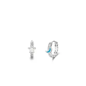 Asymmetric S925 silver star and moon huggie hoop earrings with woven chain texture