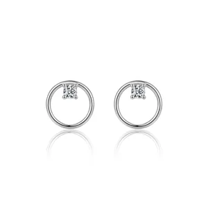 Minimalist sterling silver geometric hoop earrings featuring clear zircon stone accents