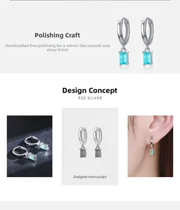 Detailed view of S925 silver hoop earrings with rectangular blue tourmaline gemstones