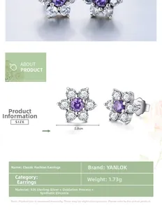 Detailed macro view of S925 sterling silver flower stud earrings with purple zirconia