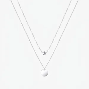 Minimalist 925 Sterling Silver Double Layer Necklace For Women Polished Round Bead Circular Plate Pendant Clavicle Chain Jewelry