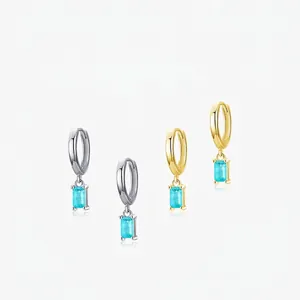S925 Sterling Silver Rectangle Blue Rhinestone Hoop Earrings For Women Minimalist Geometric Dangle Earrings Jewelry Gift