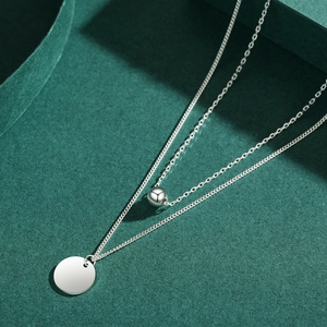 Minimalist S925 sterling silver double layer necklace with bead and flat round pendants