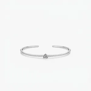 Minimalist 925 Sterling Silver Open Bangle For Women Round Zirconia Inlaid Adjustable Cuff Bracelet Fashion Jewelry Gift
