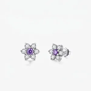 Vintage 925 Sterling Silver Purple Flower Stud Earrings For Women Exquisite Zirconia Floral Fashion Jewelry Anniversary Gift