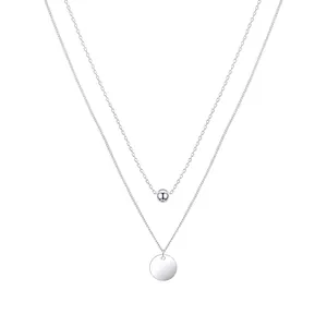 Minimalist S925 sterling silver double-layered necklace with round bead and disc pendants