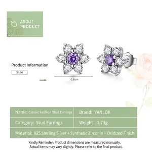 Vintage S925 sterling silver flower stud earrings with purple and white zircon stones