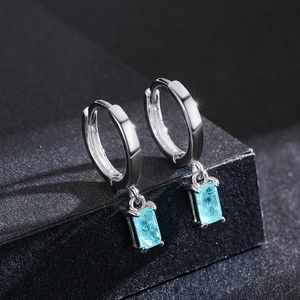 S925 sterling silver hoop earrings with rectangular light blue tourmaline pendants