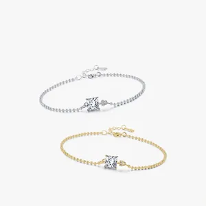 Bracelet en Argent Sterling 925 avec Zircone Carrée pour Femme Chaîne à Boules Réglable Dorée Argentée Bijou Cadeau
