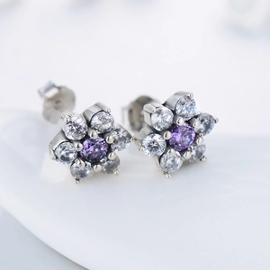 S925 sterling silver flower stud earrings with purple and white zircon crystals