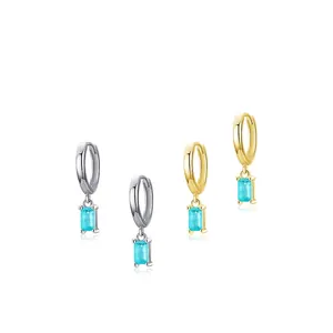 Elegant s925 silver hoop earrings featuring rectangular blue tourmaline pendants in gold and silver