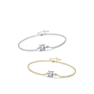 Bracelet à perles en argent sterling S925 avec zircon carré en couleurs argent et or