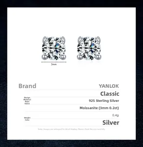 Macro view of D color moissanite stud earrings in 925 sterling silver four-prong setting