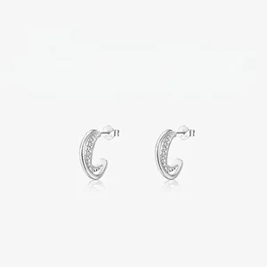 925 Sterling Silver Micro Pave Rhinestone Geometric Stud Earrings Minimalist C-Shaped Line Earrings For Women Delicate Jewelry