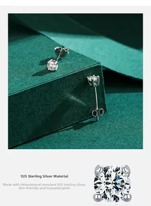 Macro shot of 925 sterling silver four-prong setting stud earrings with D color moissanite