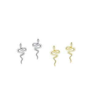 Minimalist S925 sterling silver snake stud earrings in polished gold and silver finishes