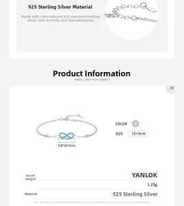 Détail du bracelet infini en argent sterling S925 avec pierres de turquoise bleue serties